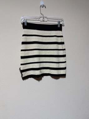 Miu Miu Black and White Striped Crochet Knit Mini Skirt with Pom-Pom Trim